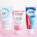 Ostokset LV puhdistusgeeli, erisan kosteusvoide ja colgate hammastahna.
