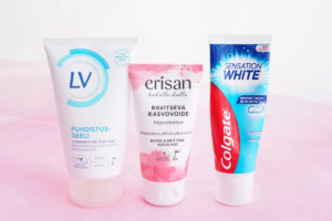 Ostokset LV puhdistusgeeli, erisan kosteusvoide ja colgate hammastahna.